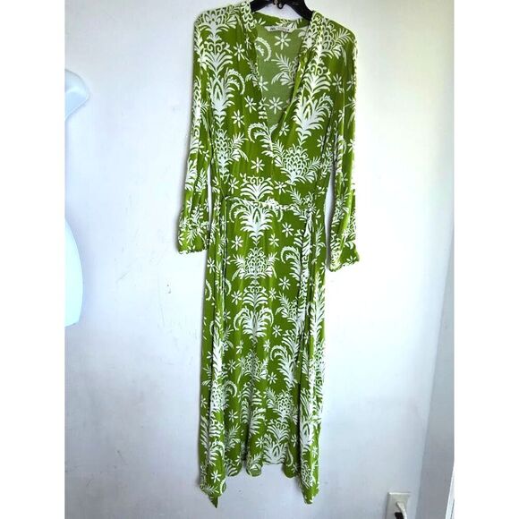 Zara Women Green w/White Floral Button Front Tie Waist Midi Dress size Medium - Picture 6 of 10